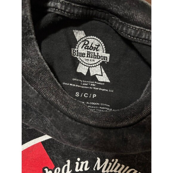 PBR Pabst Blue Ribbon SHIRT MENS SMALL BLACK BEER BREWING Bleach Dye - Picture 3 of 4